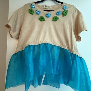 RARE Quirky Tan Blouse w/ Blue Tulle and ET and Green Lip Embellishments